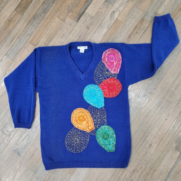 Eminent Sweaters - VTG‎ Eminent Sweater Medium Sequins Christmas Balloons Ramie Cotton Embellished